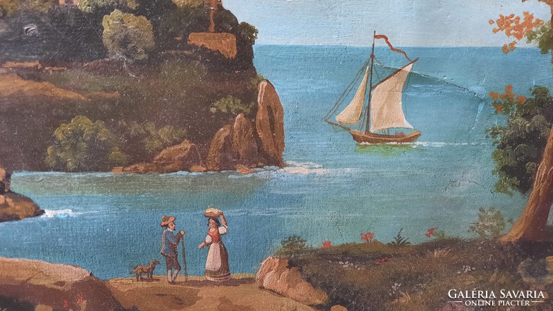 Mesés tengerparti vár, "Corsetti" jelzéssel (olaj-vászon 38x41 cm) hajó, látkép, vízparti tájkép