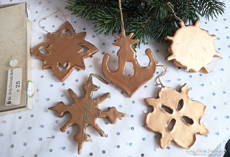 Old gilded wax Christmas tree ornaments 5pcs 8-9cm