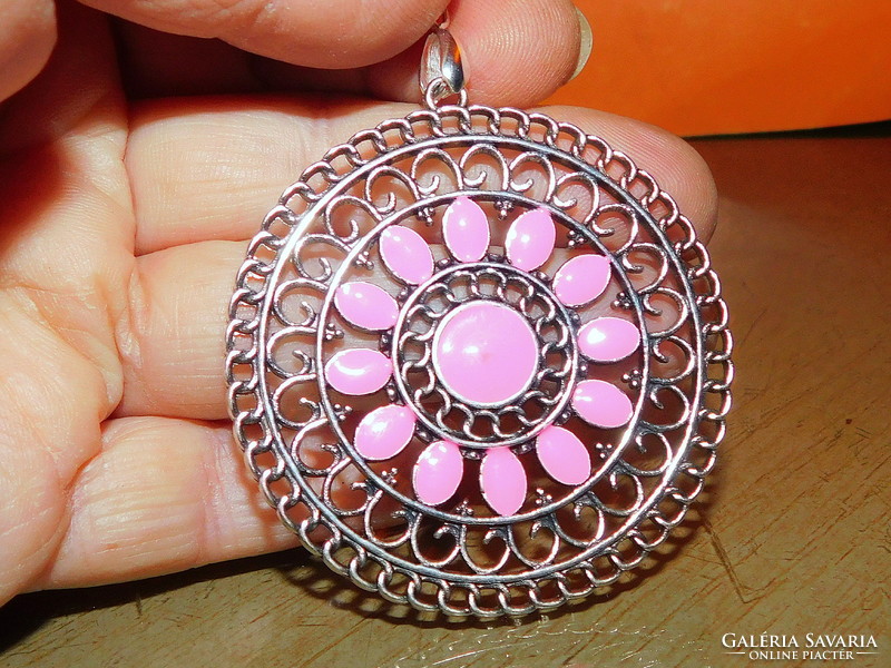 Rózsaszín Tűzzománcos Mandala Amulett Tibeti Ezüst Medál