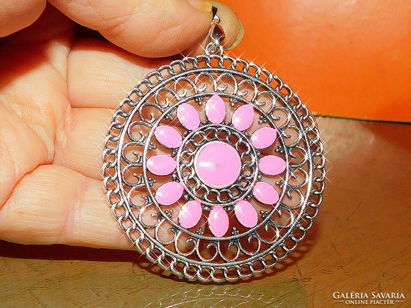 Pink fire enamel mandala amulet with Tibetan silver pendant