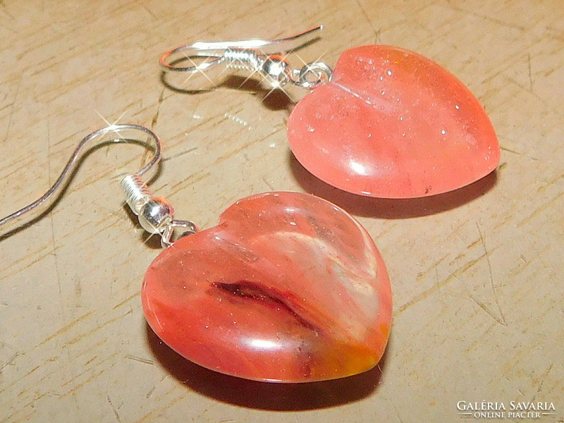 Pink agate mineral heart earrings