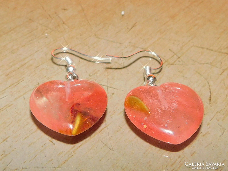 Pink agate mineral heart earrings