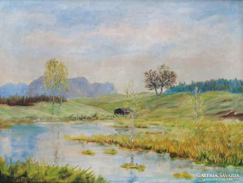 A. O. Kusch (Munich): lakeside cottage between the hills - oil on canvas, framed