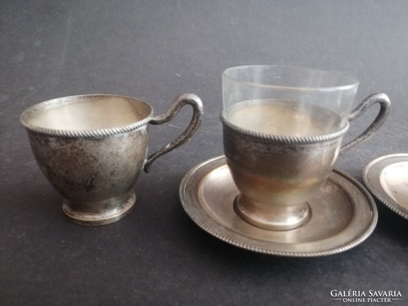 3 antique coffee cups and saucers with silver-plated glass inserts - ep