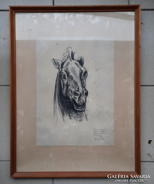 László Patay (1932-2002): portrait of a horse, carbon drawing (dedicated, 1978) 30x42 cm, animals. Animal picture