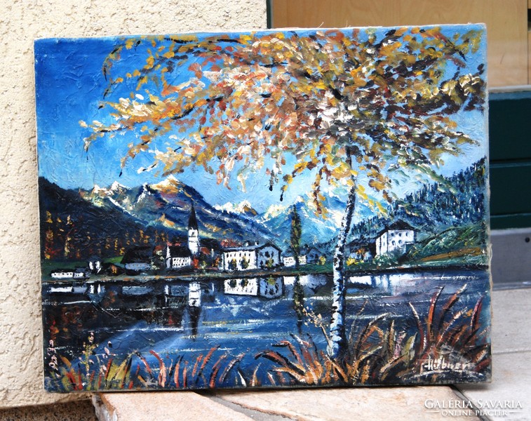 Hübner: lakeside houses in the mountains - oil on canvas painting