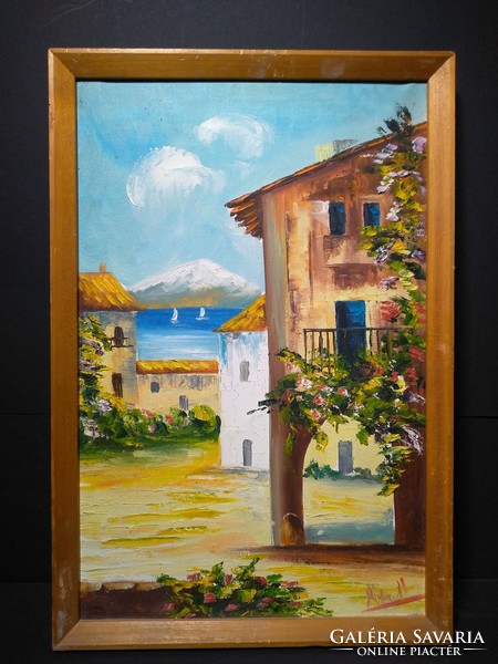 Mediterranean street view, oil on canvas, 44x30 cm, sign coming right