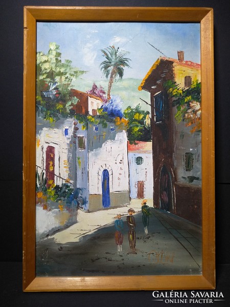 Mediterranean street view with people, oil on canvas, 44x30 cm, sign coming right