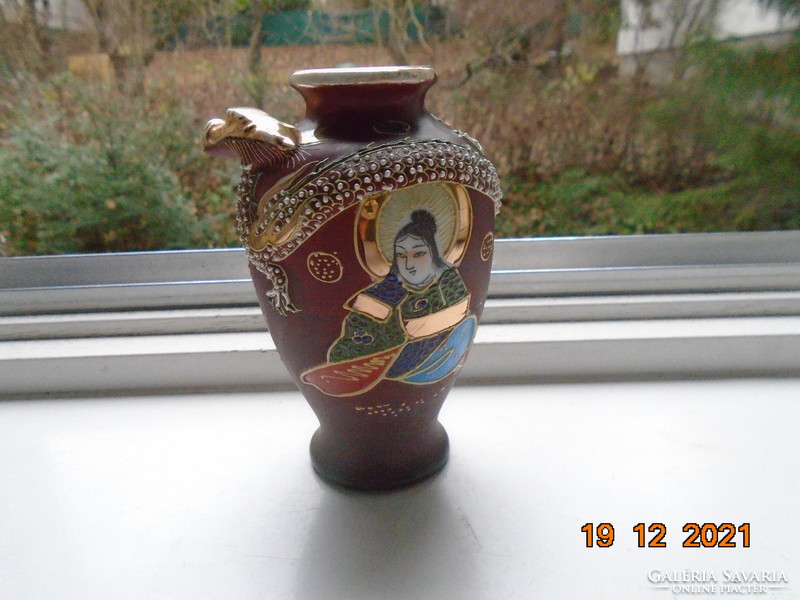 Satsuma moriage hand painted vase with plastic dragon, cannon and rakan pattern