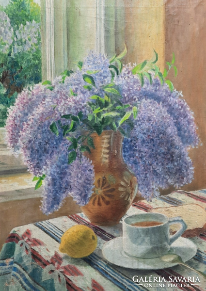 Tomasovszky Lajos: Csendélet orgonával ès teával (olaj, vászon, 50x70, kerettel) szocreál festmény