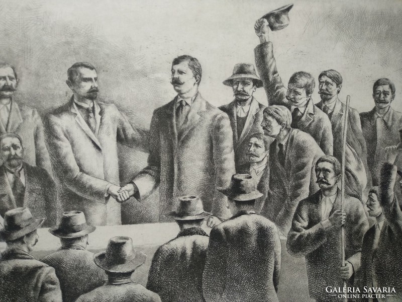 Vagyóczky K. : Várkonyi István és Achim L.András pártja egyesül 1906 - jelzett, rézkarc (37,5x28cm)