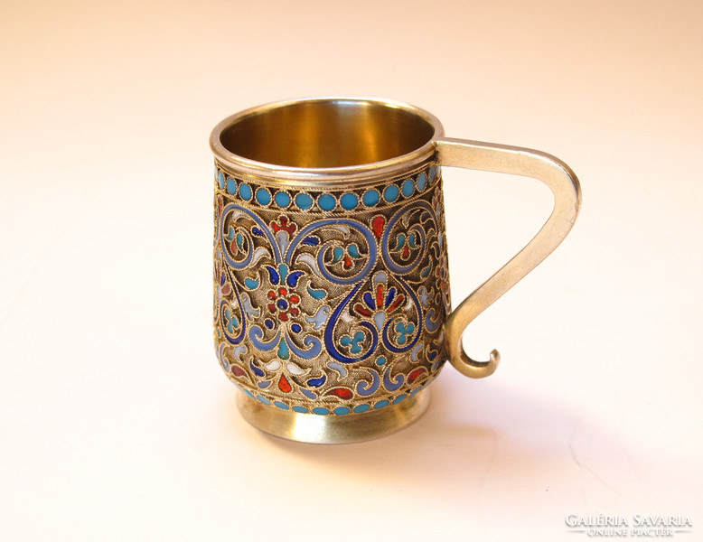 A Russian silver-gilt and cloisonné enamel vodka cup, Sem Kazakov, Moscow, 1893