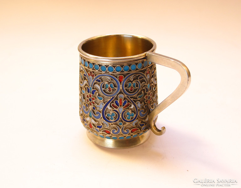 A Russian silver-gilt and cloisonné enamel vodka cup, Sem Kazakov, Moscow, 1893