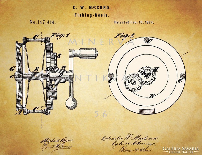 Régi antik horgászbot orsó 1874 MacCord szabadalmi rajz, horgász felszerelés eszköz történet
