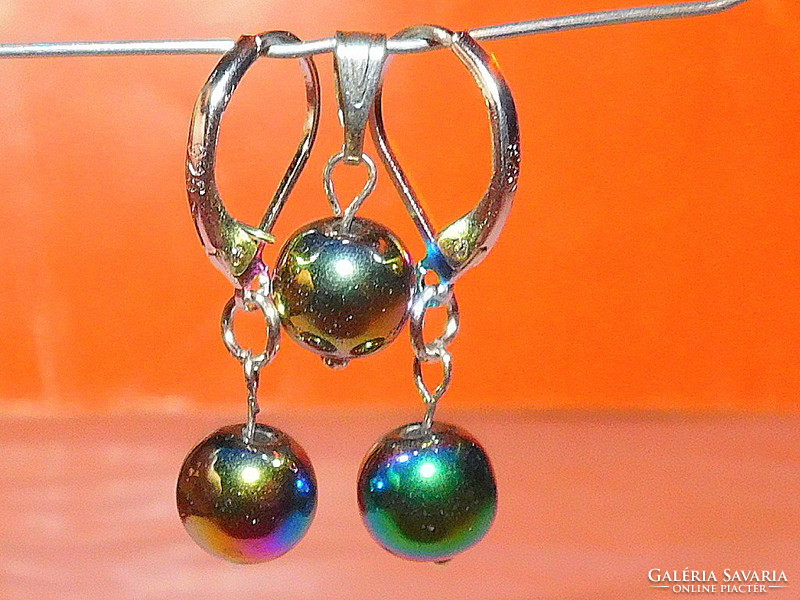 Rainbow Titanium Flame Aura Quartz Pearl Earrings and Pendant Set