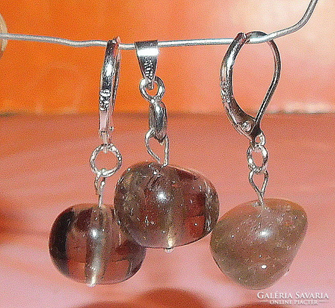 Giant-eyed smoky quartz mineral earrings and pendant set