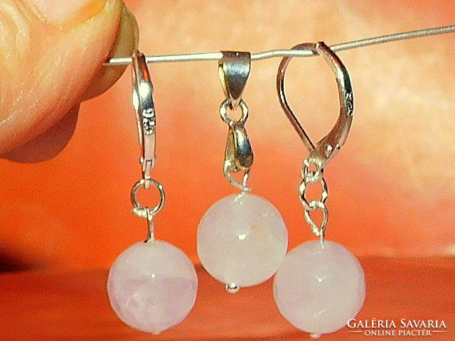 Rose quartz mineral faceted polished spherical earrings and pendant set