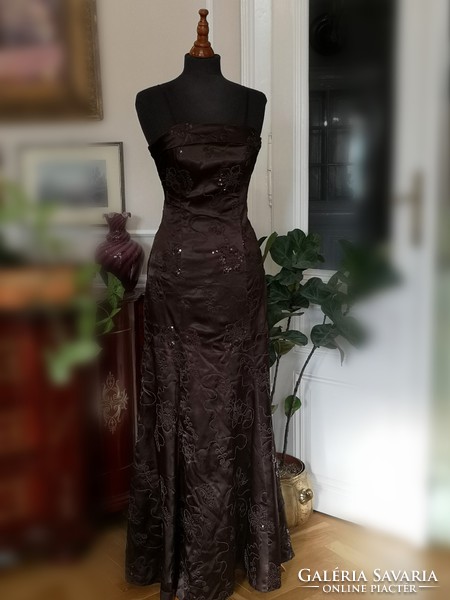 Krystyna 38 evening dress, cotton satin casual maxi dress, bolero, chocolate brown