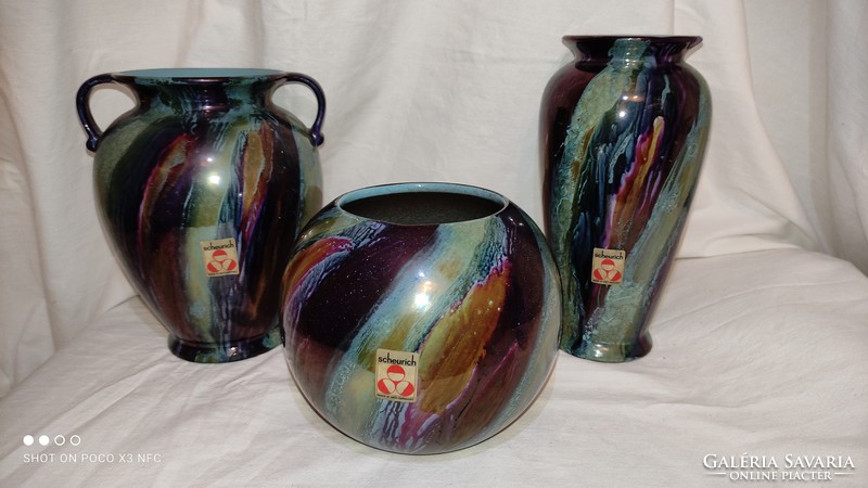 Mid century scheurich pottery marked vase group of three pieces together