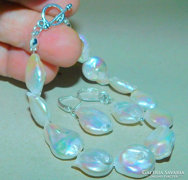Off-white Japanese biwa genuine pearl bracelet and earrings jewelry set