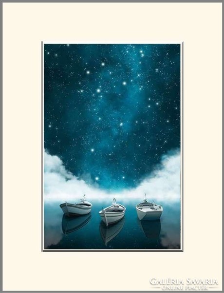 Moira Risen: Hét tengeren hajózva - Csillagnézés. Kortárs, szignált fine art nyomat, csónakok köd
