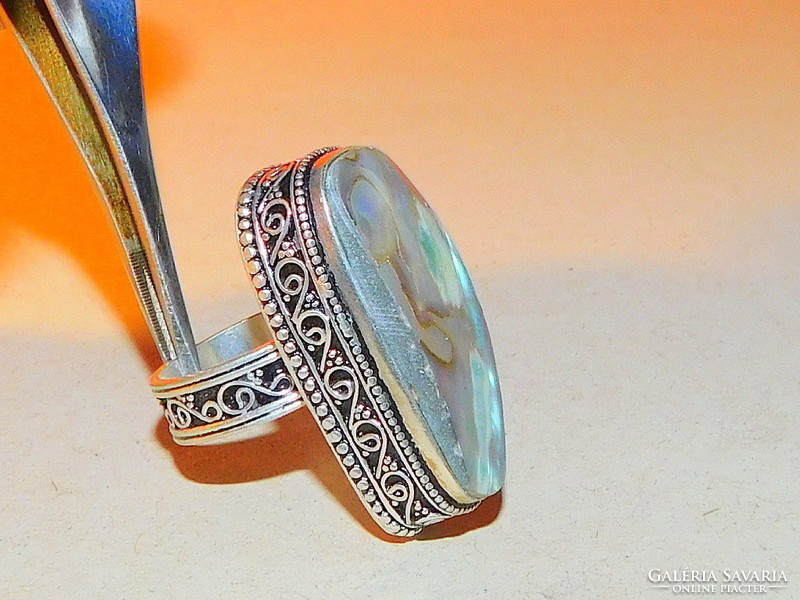 Abalone paua shells stony prestigious ornate Tibetan silver ring 9