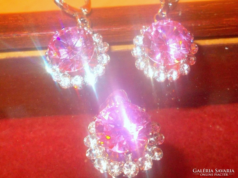 Pink - White Cubic Zirconia Crystal Flower White Gold Filled Jewelry Set
