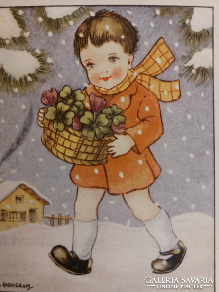 Régi újévi képeslap rajzos levelezőlap lóhere hóesés kisfiú