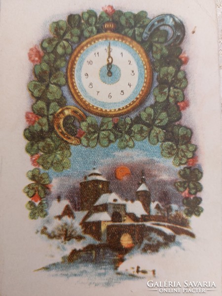 Régi újevi képeslap 1930 levelezőlap lóhere óra szerencsepatkó havas táj