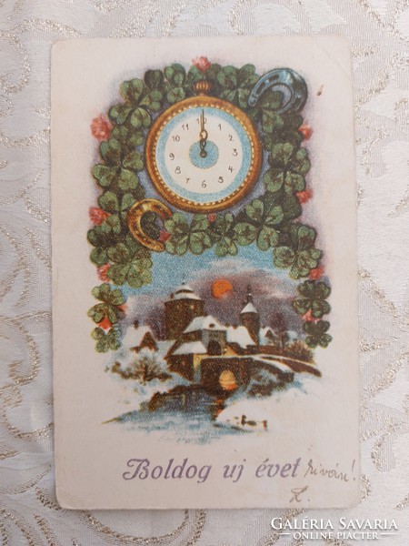 Old New Year postcard 1930 postcard clover clock fortune horseshoe snowy landscape