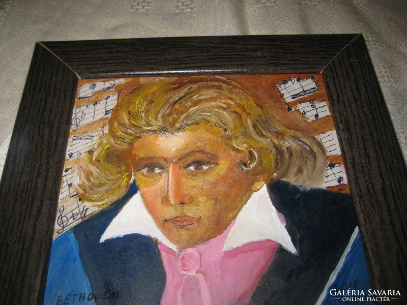 Beethoven , ifjú korában , festmény   , Kisbéri  E .  szignóval , olaj - farost  , 16 x  16  cm