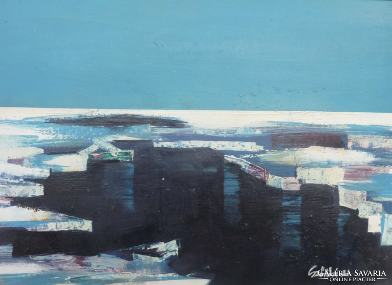 Painting by Tibor Szőllősi (1962-) with frame (55x71 cm, modern, contemporary Hungarian, ice sheets?)