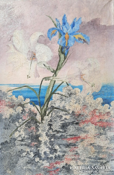 Nőszirom és liliomok tájban (olaj, vászon, 60x40 cm) azonosítatlan jelzés - virágok a vízparton
