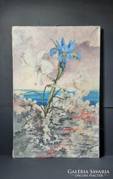 Female petals and lilies in the landscape (oil on canvas, 60x40 cm) unidentified sign - flowers on the waterfront