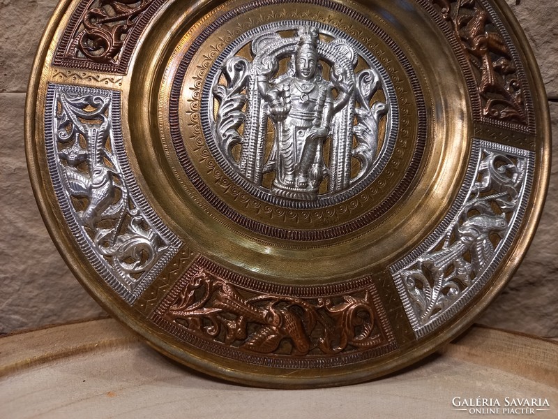 Indiai tányér-Antik-Thanjavur réz-ezüst betétek. 18cm