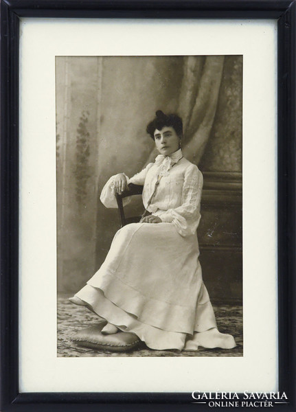 Antique photo, original paper picture framed. Woman in white, full length studio shot. 1910s.