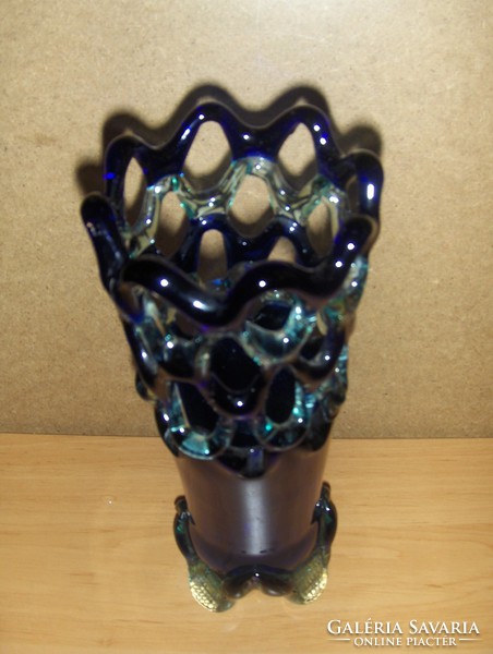 Dekoratív áttört kék-zöld üveg váza 27 cm (6/d)