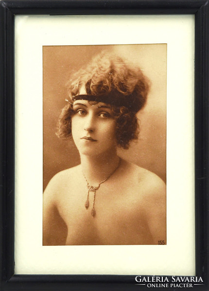 Antique postcard, photo card, reprint framed. Young woman with interesting necklace, 1910s.