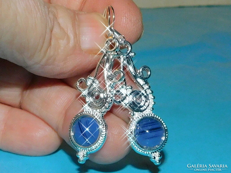 Lapis lazuli mineral stony ethnic tibetan silver earrings