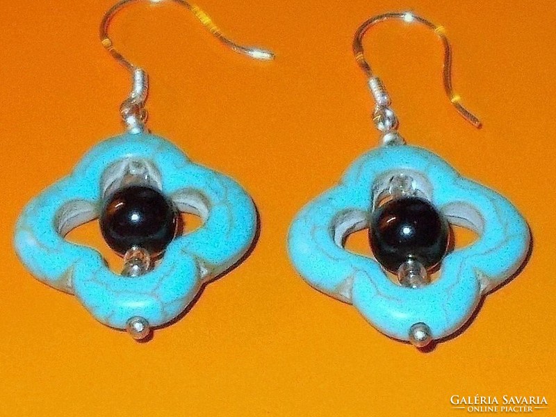 Turquoise mineral flower earrings with night black pearls