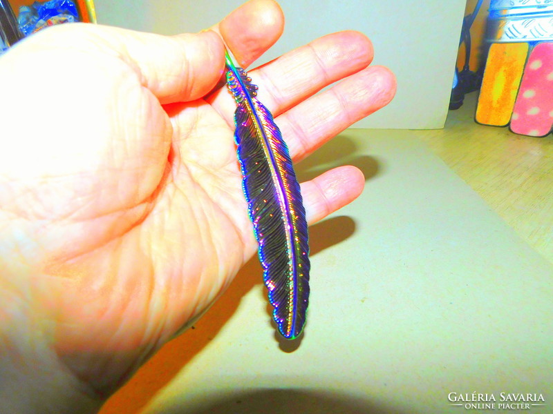 Rainbow fire enamel pen feather metal pendant