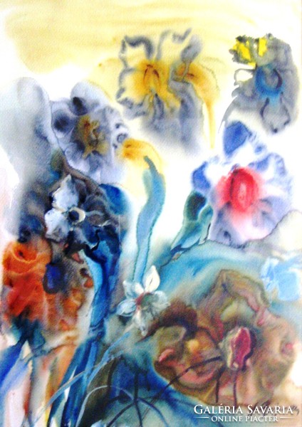 Natalia Bejenaru (1951): flowers on a yellow background - large watercolor