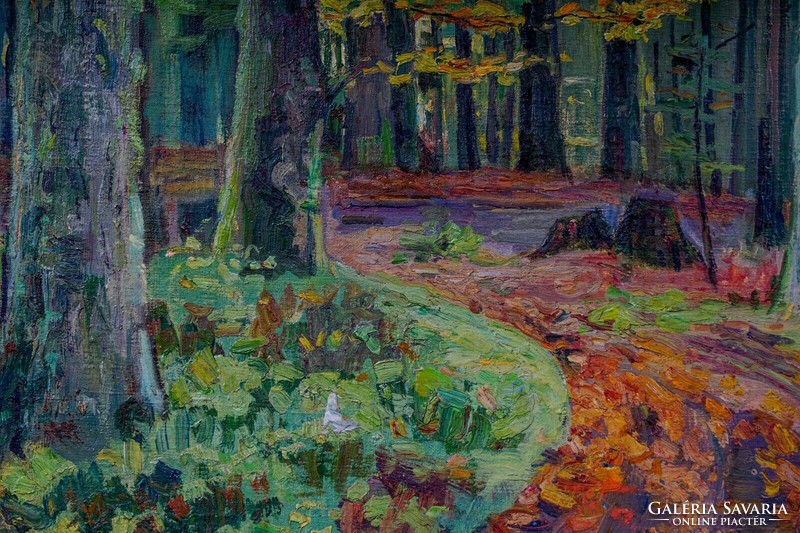 Unknown painter, forest landscape, swimming pool xx. Century