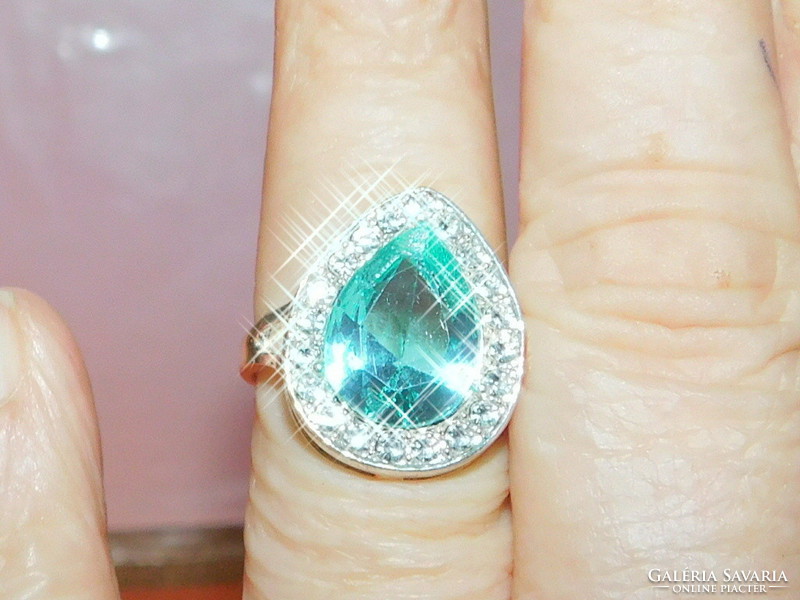 Aquamarine Blue Crystal Stones Drop White Gold Filled Ring 8.5-9