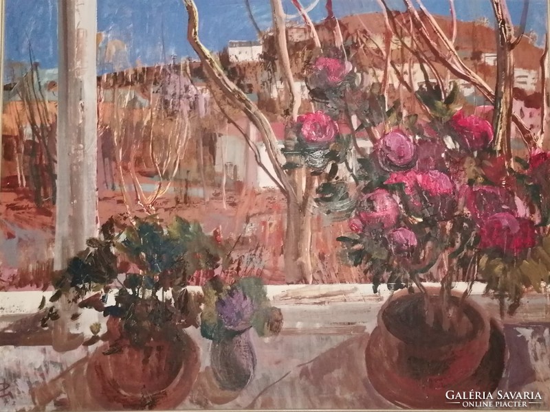 Pogány Géza  (1907-2001) Napsütés c.képcsarnokos festménye Eredeti Garanciával