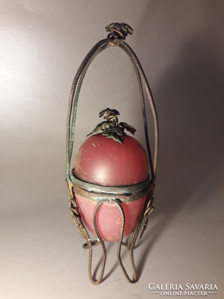 Antique delightful filigree copper fitting painted glass egg shaped tin box