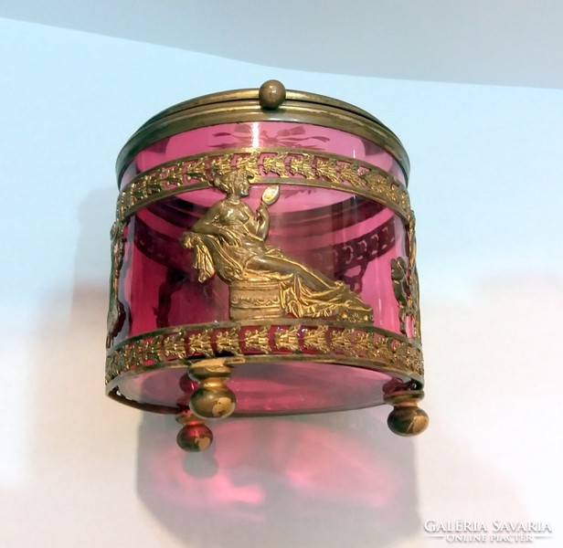 Francia empire rózsaszín csiszolt üveg doboz fém montírral