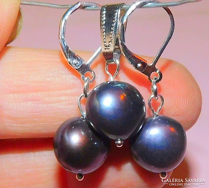 Black akoya genuine pearl earrings and pendant set