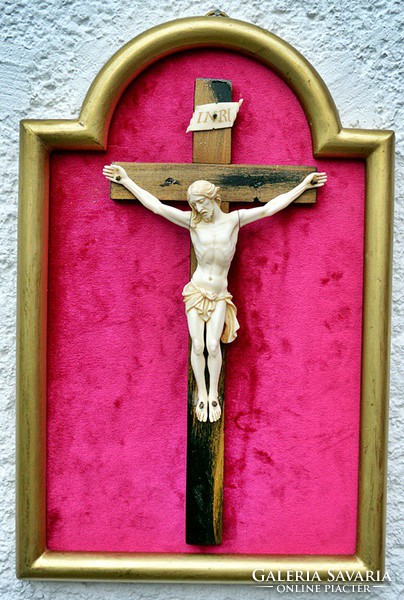 EBI. 41. Antik, CSONT Jézus Krisztus 13.2 cm, 33, cm feszület, impozáns, aprólékos, kereszt, korpusz