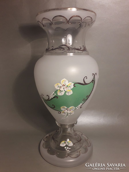 AKCIÓS ÁR! POMPÁS AJÁNDÉK TÁRGY! Antik régi plasztikus virágos festett üveg váza nagy méretű